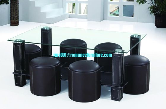 mesa de té de vidrio templado/recubrimiento en polvo con patas de acero, cubierta de cuero suave A070