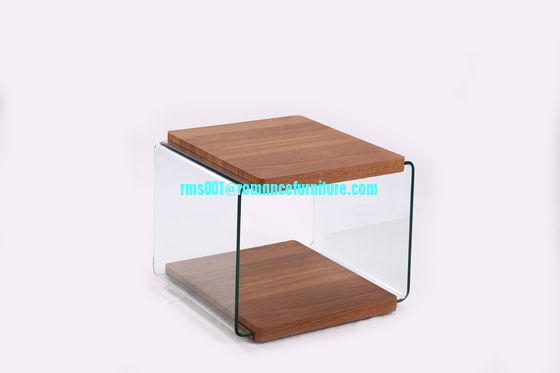 Mesa de centro de vidrio curvado en caliente grande, mesa de centro con patas de madera, mesa central HF011