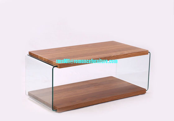 Mesa de centro de vidrio curvado en caliente grande, mesa de centro con patas de madera, mesa central HF011